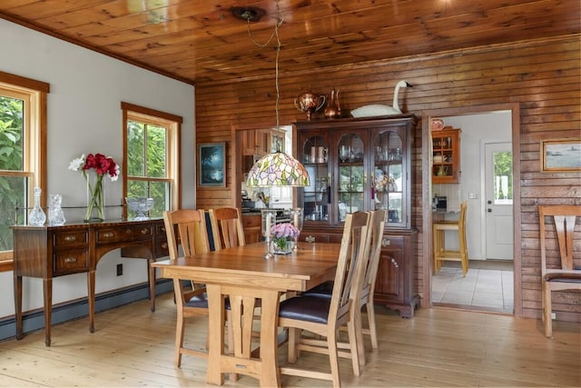 1 Grimes Ave, Boothbay, ME 04544 - dining room with wooden walls, light wood-type flooring, wood ceiling, and a baseboard heating unit