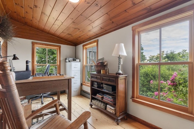 1 Grimes Ave, Boothbay, ME 04544 - home office featuring lofted ceiling, a baseboard radiator, light wood-type flooring, and wood ceiling