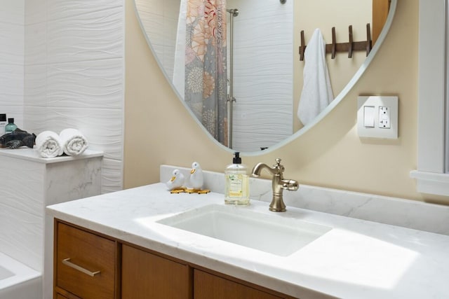 1 Grimes Ave, Boothbay, ME 04544 - bathroom with vanity, a shower with curtain, and a bathtub