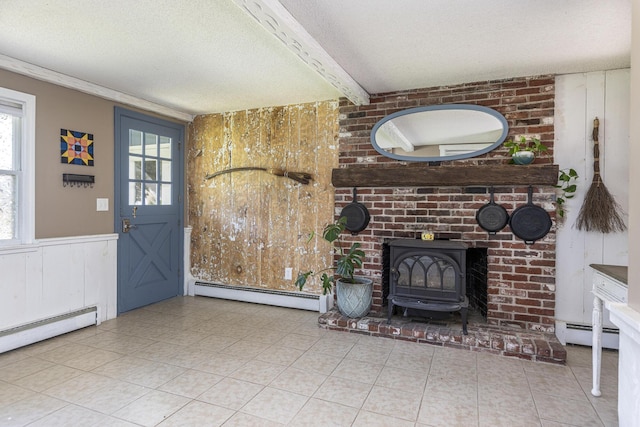 14 Bailey Ln, Brunswick, ME 04011 - unfurnished living room with a wood stove, a textured ceiling, baseboard heating, tile patterned flooring, and beamed ceiling
