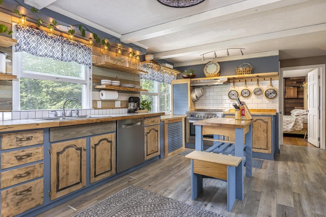 14 Bailey Ln, Brunswick, ME 04011 - kitchen with open shelves, tasteful backsplash, stainless steel appliances, dark wood-type flooring, and a textured ceiling
