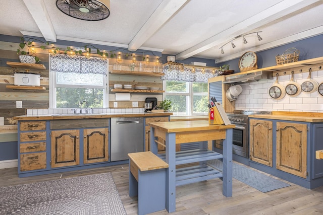 14 Bailey Ln, Brunswick, ME 04011 - kitchen featuring open shelves, butcher block counters, and beamed ceiling