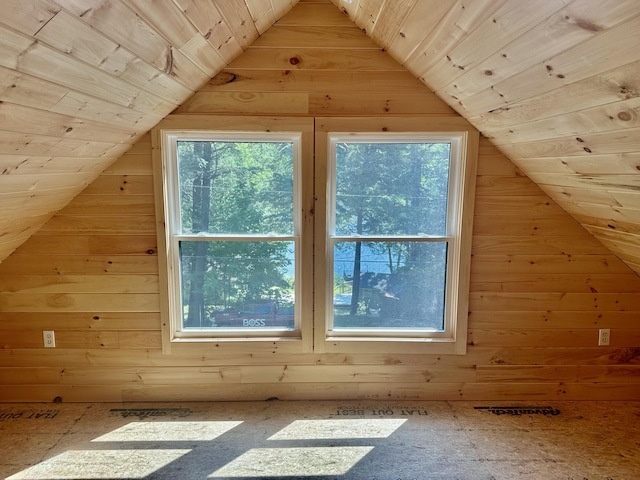 52 Quimby Ln, Fayette, ME 04349 - bonus room featuring wooden walls, wood ceiling, lofted ceiling, and plenty of natural light