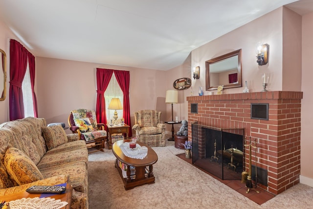 395 Alfred St, Biddeford, ME 04005 - living area with carpet floors, a brick fireplace, and healthy amount of natural light