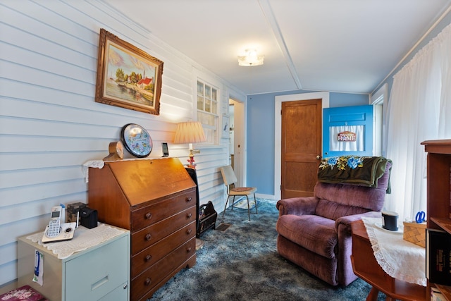 395 Alfred St, Biddeford, ME 04005 - sitting room with lofted ceiling and dark colored carpet
