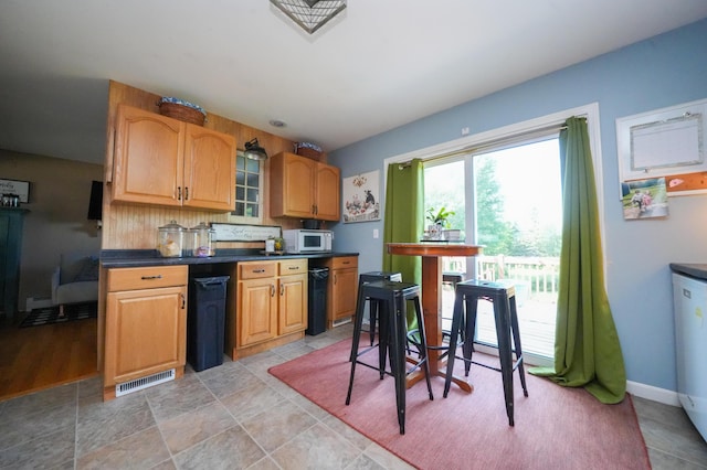 3922 Union St, Levant, ME 04456 - kitchen featuring dark countertops, white microwave, tasteful backsplash, and a baseboard heating unit