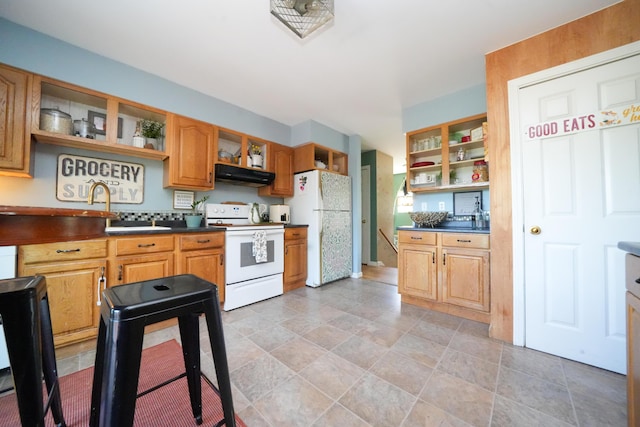 3922 Union St, Levant, ME 04456 - kitchen featuring open shelves, white appliances, dark countertops, and extractor fan
