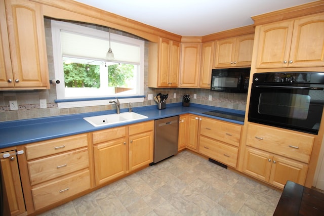 6 Shirley Ave, Lewiston, ME 04240 - kitchen with black appliances, backsplash, light brown cabinetry, and dark countertops