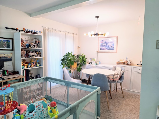 46 Glenridge Dr Unit 46, Portland, ME 04102 - dining room with a chandelier, light carpet, and beamed ceiling