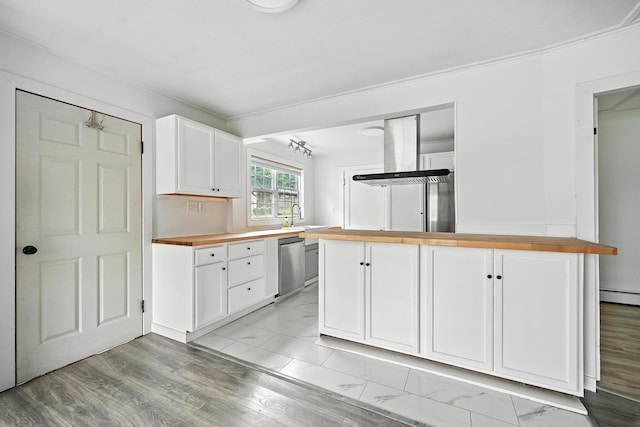 3 Gedney St, Augusta, ME 04330 - kitchen with wooden counters, dishwasher, white cabinetry, and a baseboard radiator