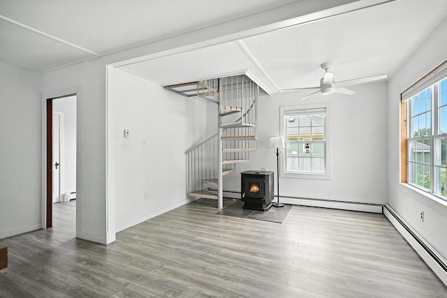 3 Gedney St, Augusta, ME 04330 - unfurnished living room with a wood stove, wood finished floors, stairway, and a ceiling fan