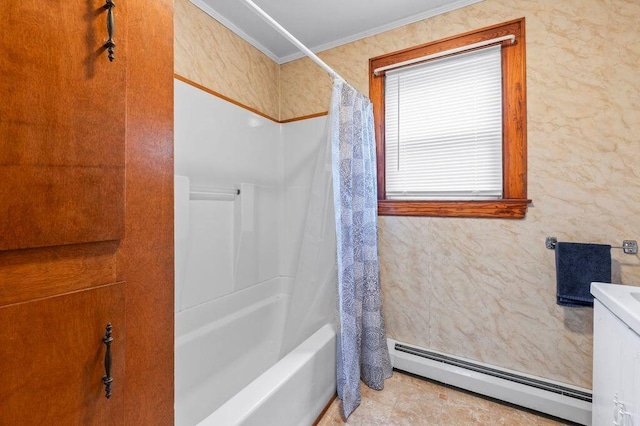 99 Hill St, Biddeford, ME 04005 - bathroom featuring ornamental molding, a baseboard radiator, shower / bath combination with curtain, and vanity
