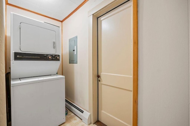 99 Hill St, Biddeford, ME 04005 - laundry area with stacked washer / dryer, baseboard heating, electric panel, and ornamental molding