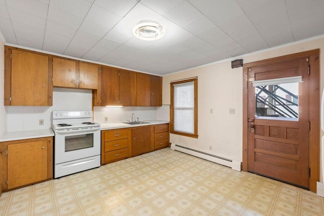 99 Hill St, Biddeford, ME 04005 - kitchen featuring electric stove, brown cabinetry, a baseboard radiator, plenty of natural light, and crown molding