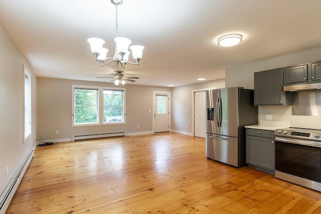 7 Lucas Ct, Bristol, ME 04539 - kitchen featuring stainless steel appliances, gray cabinets, baseboard heating, a chandelier, and plenty of natural light