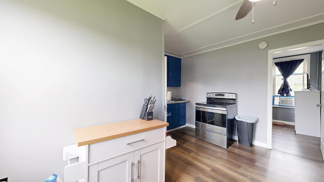 28 Stewart St, Lewiston, ME 04240 - kitchen featuring electric range, ornamental molding, dark wood-type flooring, ceiling fan, and blue cabinets
