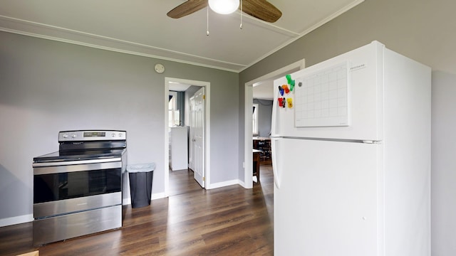 28 Stewart St, Lewiston, ME 04240 - kitchen with freestanding refrigerator, stainless steel electric stove, dark wood-style flooring, ceiling fan, and ornamental molding