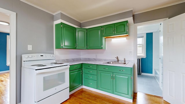 28 Stewart St, Lewiston, ME 04240 - kitchen featuring electric range, green cabinets, light countertops, light wood-type flooring, and crown molding