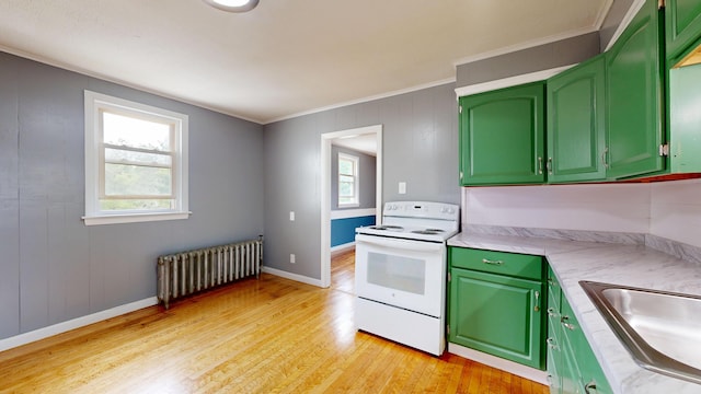 28 Stewart St, Lewiston, ME 04240 - kitchen with green cabinetry, white electric range oven, ornamental molding, radiator heating unit, and light wood-type flooring