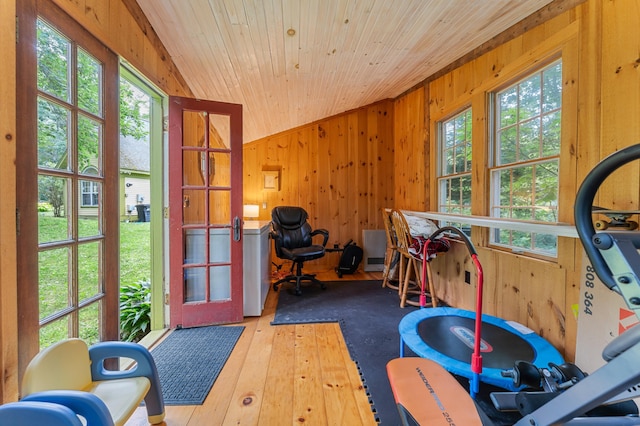 118 Gore Rd, Palermo, ME 04354 - exercise area featuring wooden walls, wood ceiling, hardwood / wood-style flooring, and washer / dryer