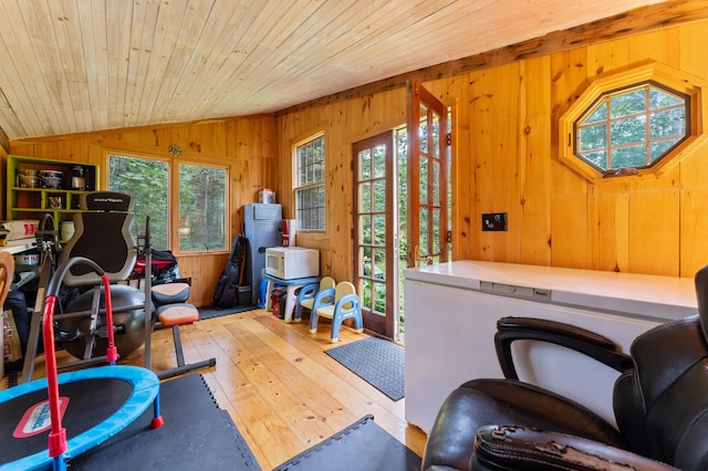 118 Gore Rd, Palermo, ME 04354 - workout area featuring wooden walls, hardwood / wood-style flooring, lofted ceiling, and wooden ceiling