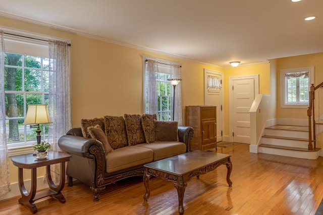 135 State Highway 3, Bar Harbor, ME 04609 - living room with light wood-type flooring, stairs, ornamental molding, and recessed lighting