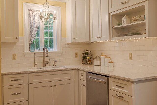 135 State Highway 3, Bar Harbor, ME 04609 - kitchen with stainless steel dishwasher, open shelves, white cabinetry, a chandelier, and tasteful backsplash