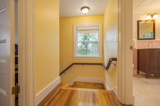 135 State Highway 3, Bar Harbor, ME 04609 - staircase with baseboards and hardwood / wood-style floors