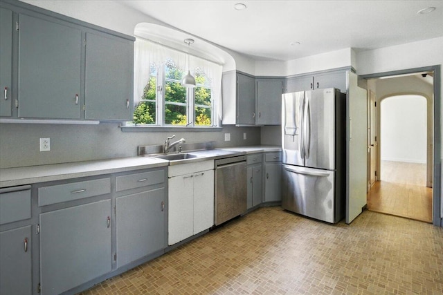 49 Bardwell St, Lewiston, ME 04240 - kitchen featuring appliances with stainless steel finishes, light countertops, gray cabinets, and recessed lighting