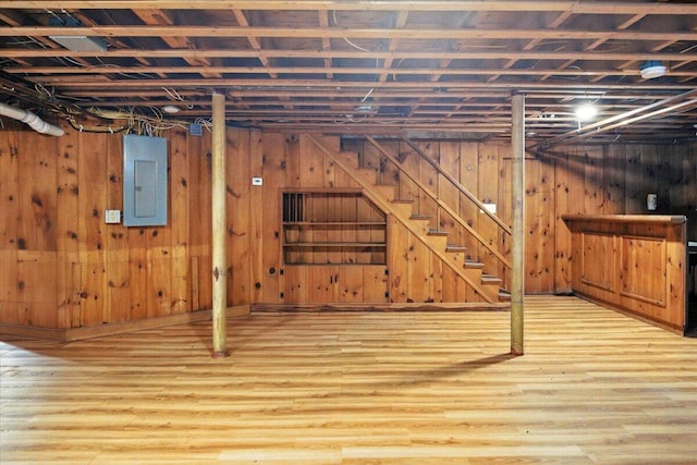 49 Bardwell St, Lewiston, ME 04240 - unfinished below grade area with electric panel, wood finished floors, stairs, and wooden walls