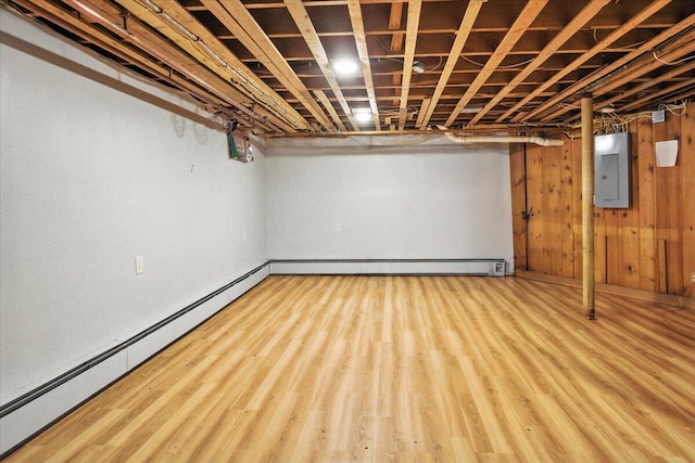 49 Bardwell St, Lewiston, ME 04240 - finished below grade area with a baseboard heating unit, electric panel, and wood finished floors