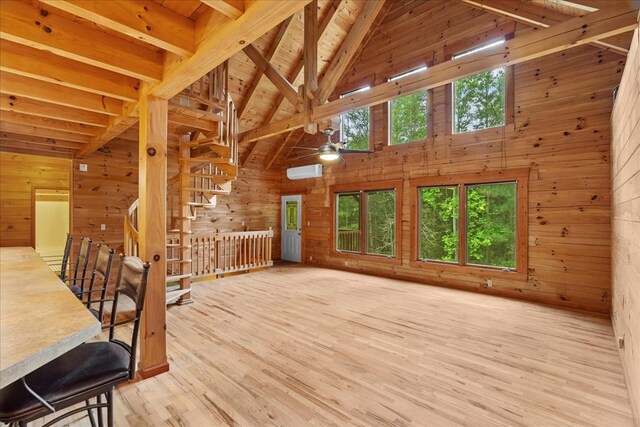 3691 Flagpole Rd, Ellijay, GA 30540 - unfurnished living room with high vaulted ceiling, wood walls, wood finished floors, and wooden ceiling with exposed beams