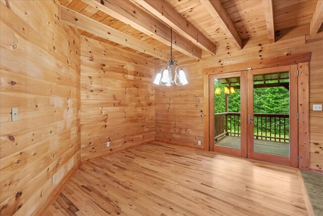 3691 Flagpole Rd, Ellijay, GA 30540 - empty room with wood ceiling with exposed beams, a chandelier, light wood finished floors, and wooden walls