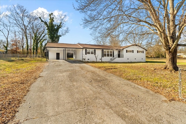 single story home with crawl space, aphalt driveway, a front lawn, and fence