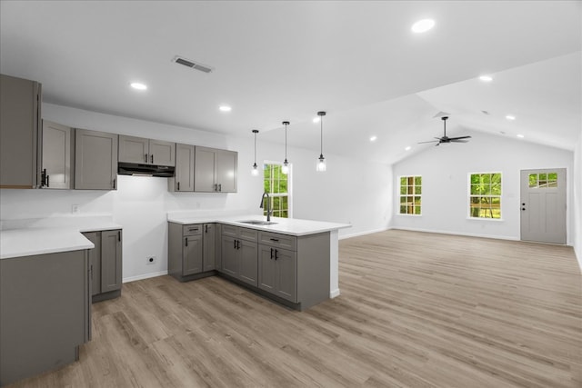 kitchen featuring exhaust hood, ceiling fan, a sink, visible vents, and gray cabinetry