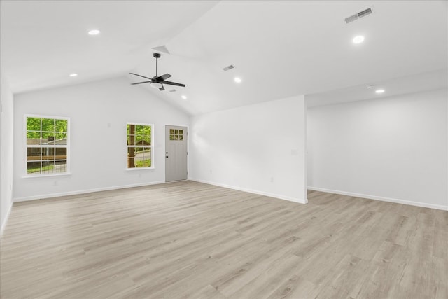 unfurnished living room with recessed lighting, ceiling fan, and visible vents