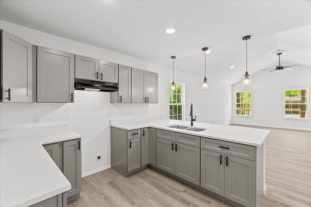 kitchen with a sink, gray cabinetry, a peninsula, and under cabinet range hood