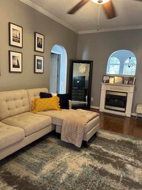 1698 Pin Oak Dr Unit 128, Dalton, GA 30721 - living area featuring ceiling fan, wood finished floors, ornamental molding, a glass covered fireplace, and arched walkways