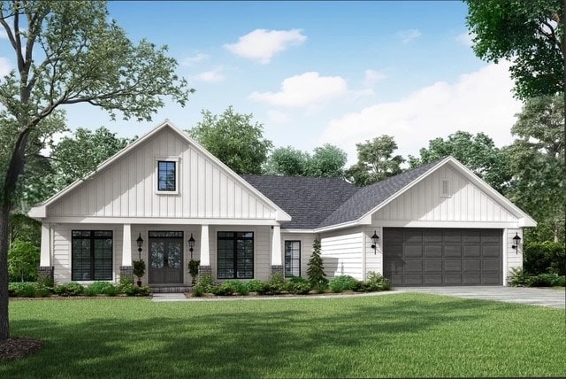 modern inspired farmhouse featuring an attached garage, board and batten siding, a front lawn, and concrete driveway