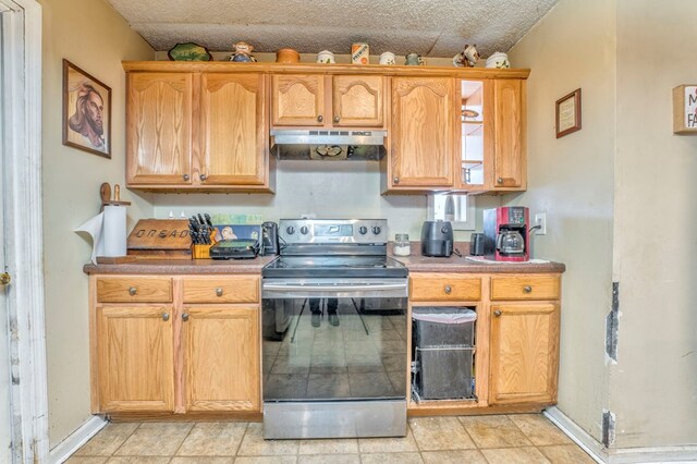 kitchen featuring under cabinet range hood, electric range, and baseboards