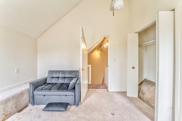 living area with light colored carpet, high vaulted ceiling, and a textured ceiling