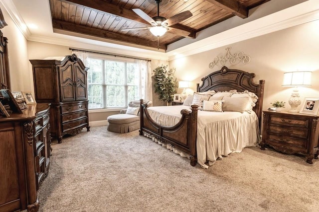 carpeted bedroom with ornamental molding, ceiling fan, wooden ceiling, and a raised ceiling