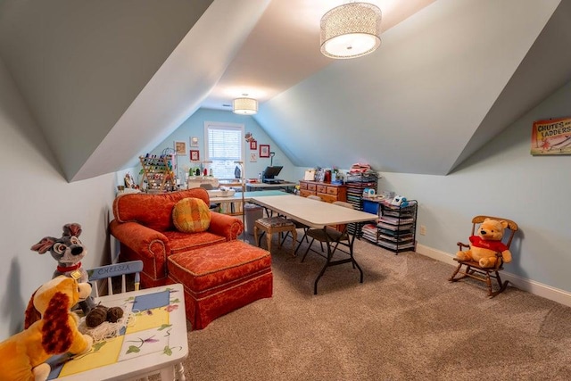 game room with carpet floors, baseboards, and lofted ceiling