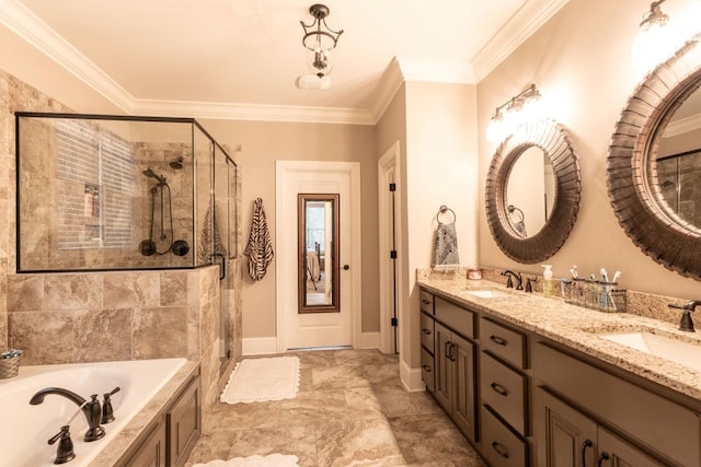 bathroom featuring ornamental molding, separate shower and tub, and vanity