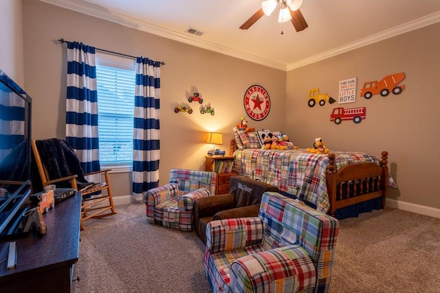 carpeted bedroom featuring ornamental molding and ceiling fan