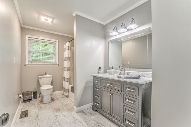 full bath featuring crown molding, toilet, baseboards, and vanity