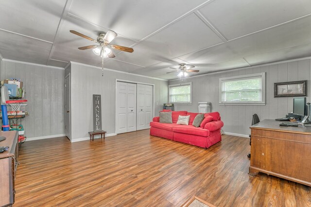 3012 Brookhaven Cir, Dalton, GA 30720 - living area with wooden walls, a ceiling fan, baseboards, and wood finished floors
