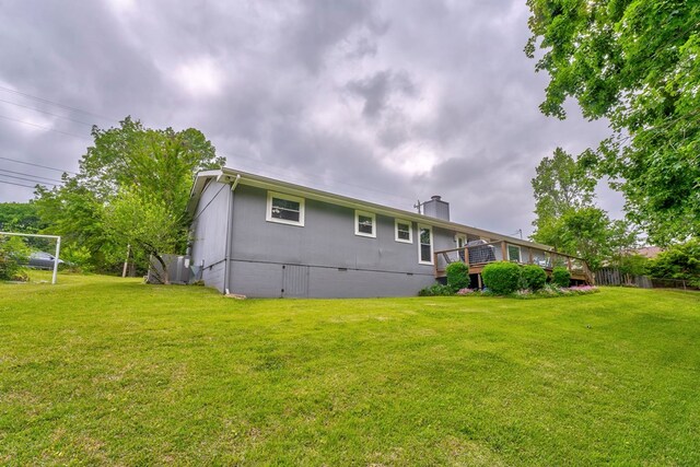 3012 Brookhaven Cir, Dalton, GA 30720 - back of house with a chimney, a wooden deck, a yard, and crawl space