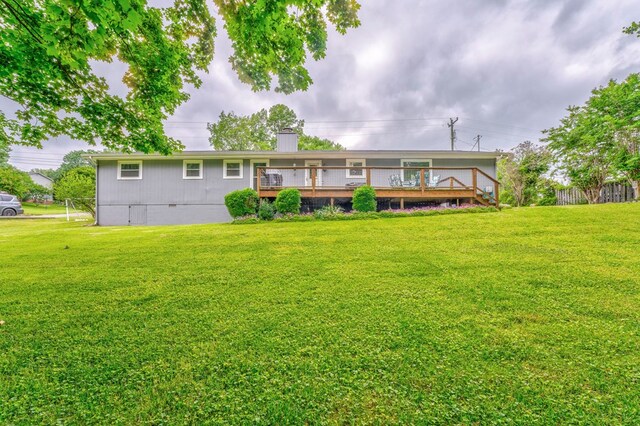 3012 Brookhaven Cir, Dalton, GA 30720 - rear view of house featuring a yard, crawl space, a wooden deck, and a chimney