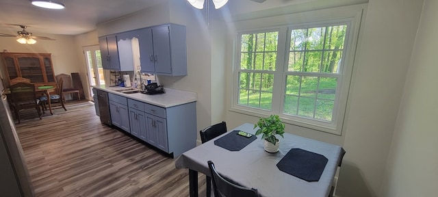 kitchen featuring dark wood-type flooring, ceiling fan, and a wealth of natural light